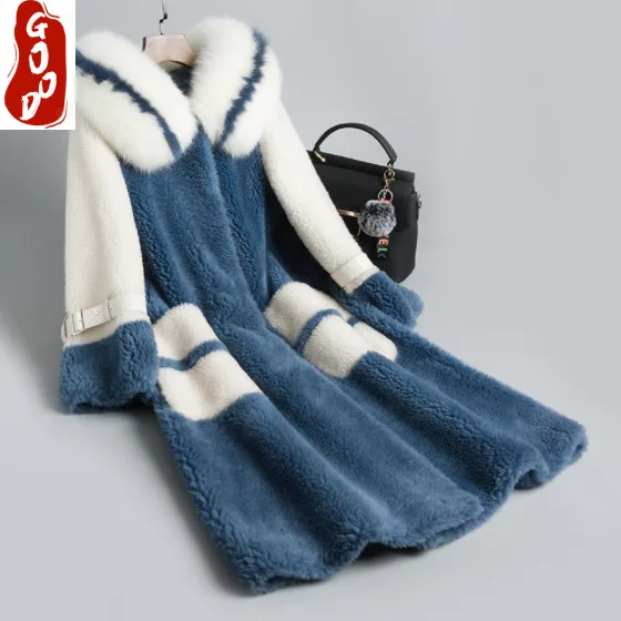 

Sheep Shearing Coat Women 2021 Real Fox Fur Coat Female Jacket Long Winter Warm Fur Outwear Overcoat Abrigo Mujer LPL1188