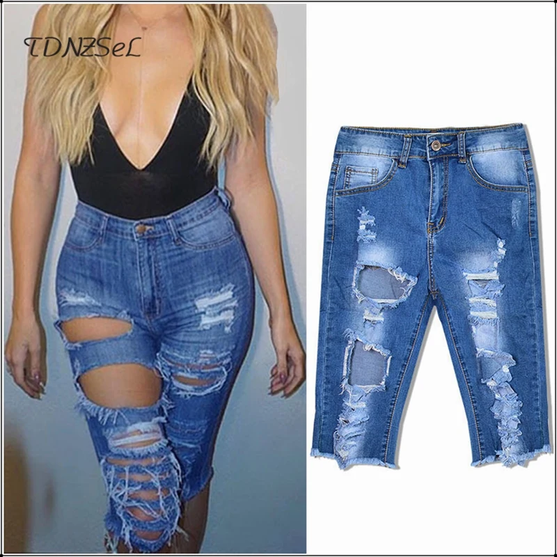 

Sexy Navy Blue Ripped Hole Knee Length Jeans Women Summer Slim High Waist Jean Skinny Torn Bleached Washed Denim Pants Capris