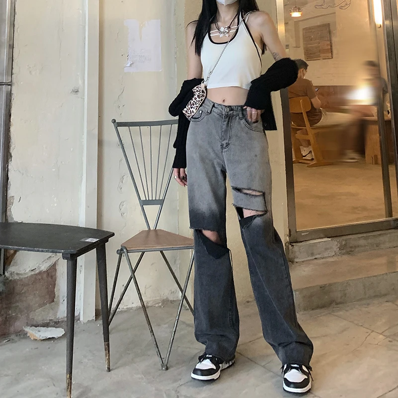 

Korean Harajuku Washed Cargo Casual Daniel Pants High Waist Vintage Gradient Hole Harem Rompers Loose Wide Leg Pants Trousers