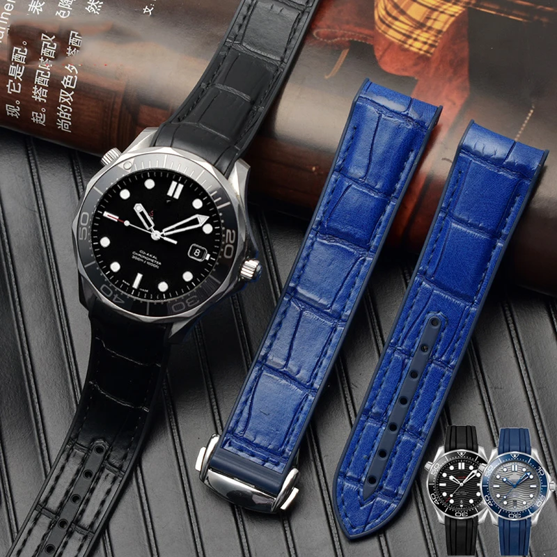

Curved End genuine leather Silicone watchband For O-mega S-eamaster 007 wrist Waterproof strap bracelet with folding buckle blue