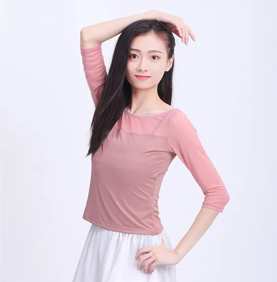 

Women Ballet Top Adult Practice Clothes See Through Mesh Tops 3/4 Sleeve Folk Dance Sport Yoga T-Shirt Classical Dance Costume