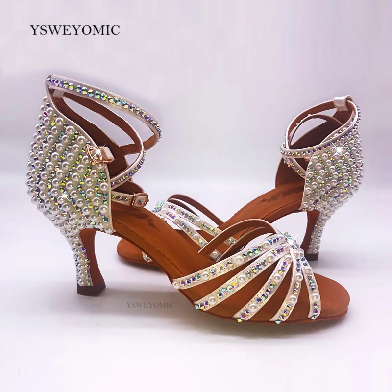 White Peals Latin Salsa Dance Shoes Women Confortable Flexible Suede Sole Rhinestones Latin Bachata Dancing Shoes for Girls
