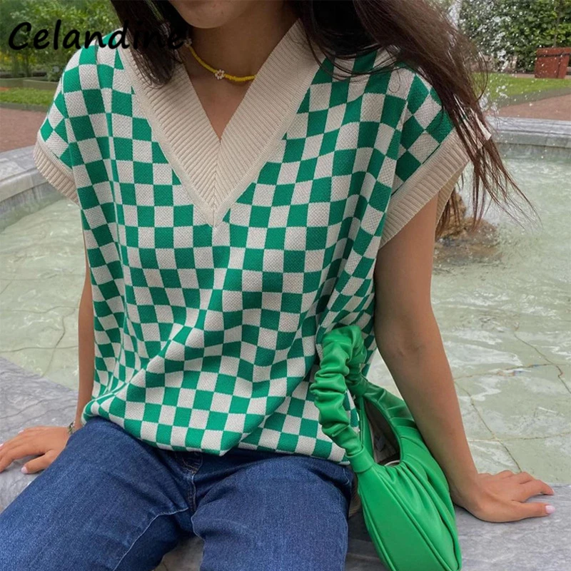 

Celandine Pullovers Sleeveless Knitted Plaid Y2K Vest Casual Jumpers V Neck Green Winter Fashion Sweater Women 2021 Crop Tops