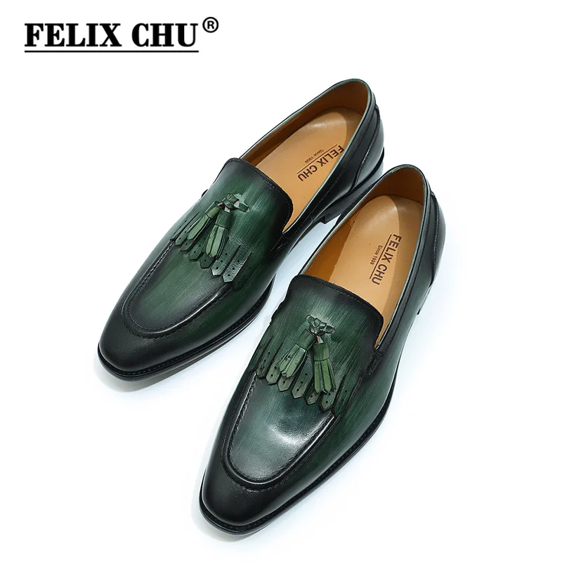 Green FELIX CHU/сезон осень; мужские лоферы ручной работы из натуральной кожи; цвет черный, зеленый; Мужские модельные туфли с кисточками; свадебные мокасины; вечерние туфли - Цвет: Green