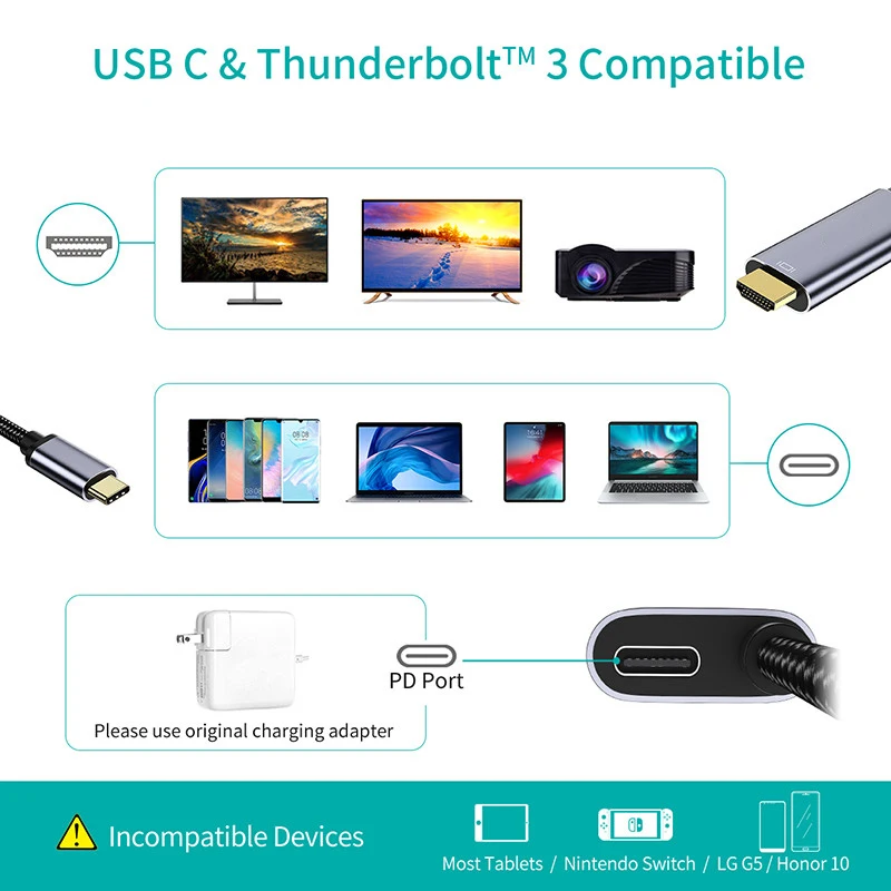 USB Type C to HDMI-compatible Cable 4K USBC Video Adapter for Thunderbolt3 Converter for MacBook Samsung S21 Type C to PD UHD TV