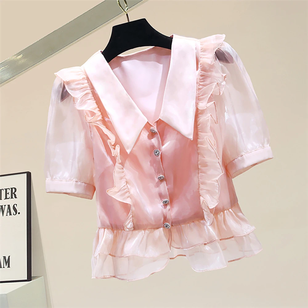 

Fashion Patchwork Diamond Button Up Puff Sleeve Chiffon Women Blouses Short Sleeve Collared Shirts White Shirt Summer Tops