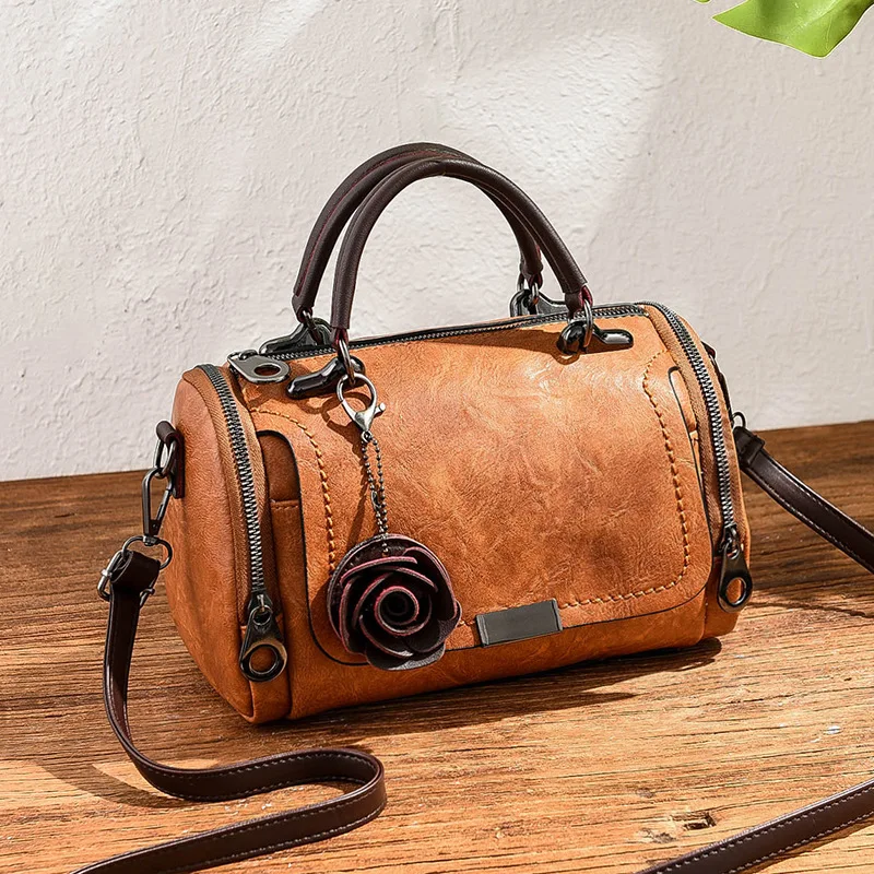 

Yogodlns 2021 New flowers Pendant Handbag Women's fashion Boston bags single shoulder bag ladies crossbody bag PU messenger bag