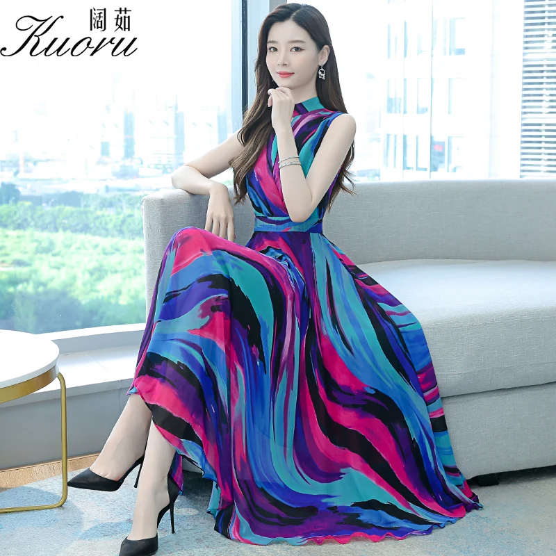 

Women Dresses Summer 2022 Chiffon Sleeveless Stand Vestido Playa Midi Robe Fleurie Suknie Wieczorowe Vestidos De Mujer Casual