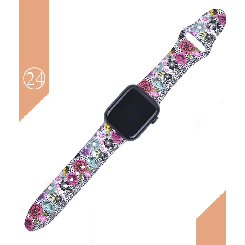 С цветочным узором ремешок для наручных часов Apple Watch 5 4 3 2 1 38/40 мм/42 44 мм мягкий печатным рисунком разноцветных силиконовых спортивный ремешок для наручных часов Iwatch, 4 Для женщин детей - Цвет ремешка: Color 24