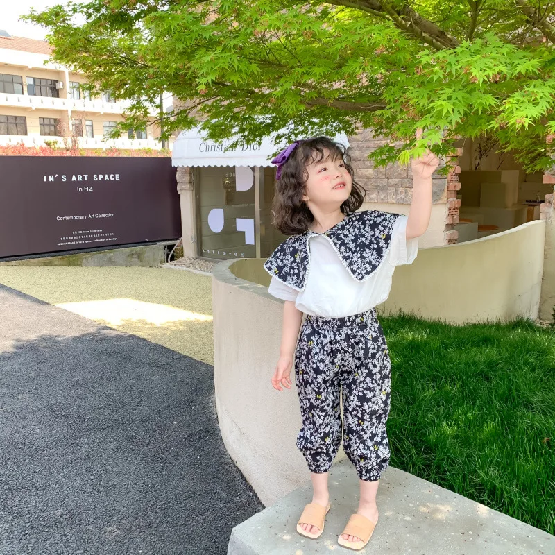 

Summer New Arrival Korean Version girl's clothing sets with big lapel lace Floral long pants and short sleeve shirt for girls