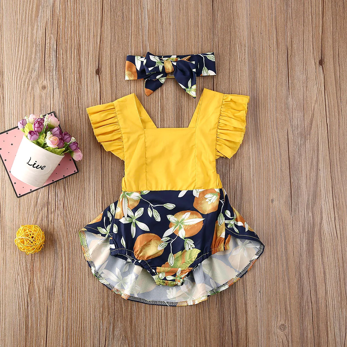 2020 Baby Summer Clothing Girl Lemon Print Ruffle Romper Dress Headband Outfit Clothes Set Sunsuit | Детская одежда и обувь