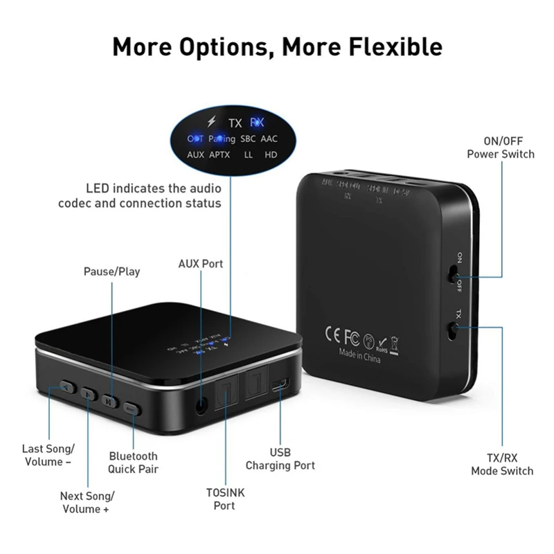 

Bluetooth 5.0 Audio Transmitter Receiver Wireless Music Adapter Bt APTX LL HD RCA/SPDIF/3.5mm Aux Jack