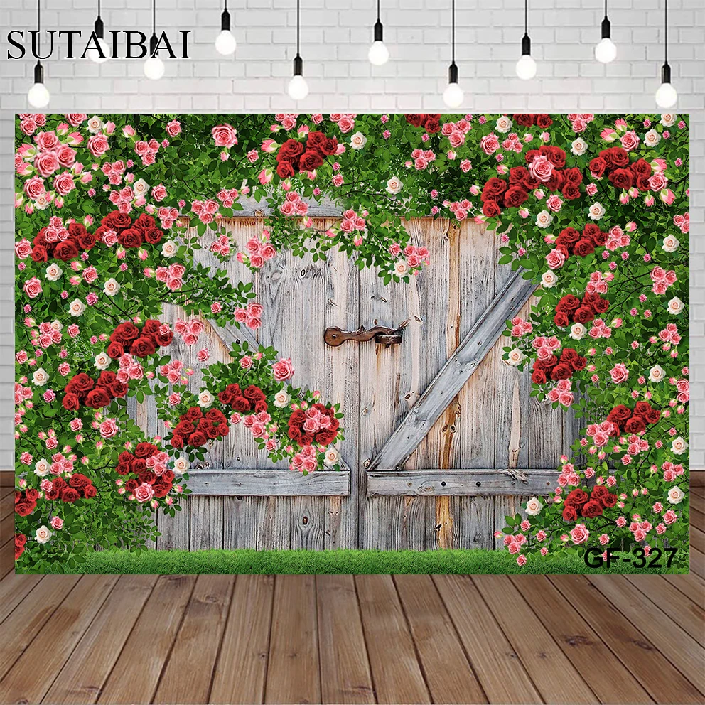 

Early Spring Flowers Valentines Day Backdrop Red Roses Wooden Wall Wedding Background Photography Vinyl Cloth Lovers Portrait