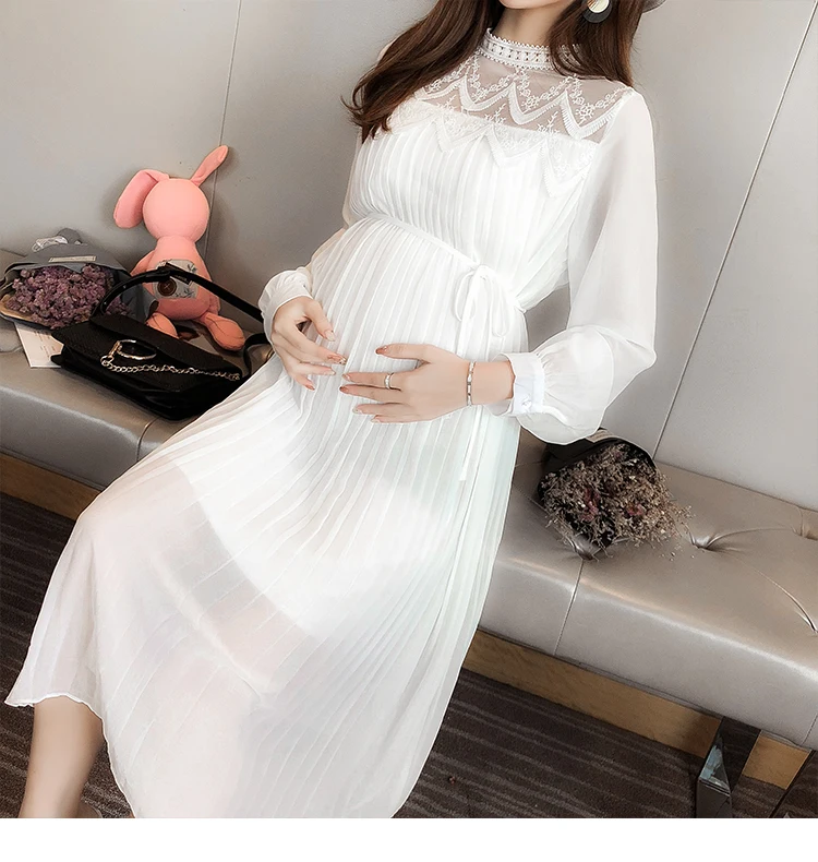 Envsoll Spring Autumn Maternity Dress Mom Long-sleeved Lace Pleated Chiffon Dress Maternity Clothes For Pregnant Women