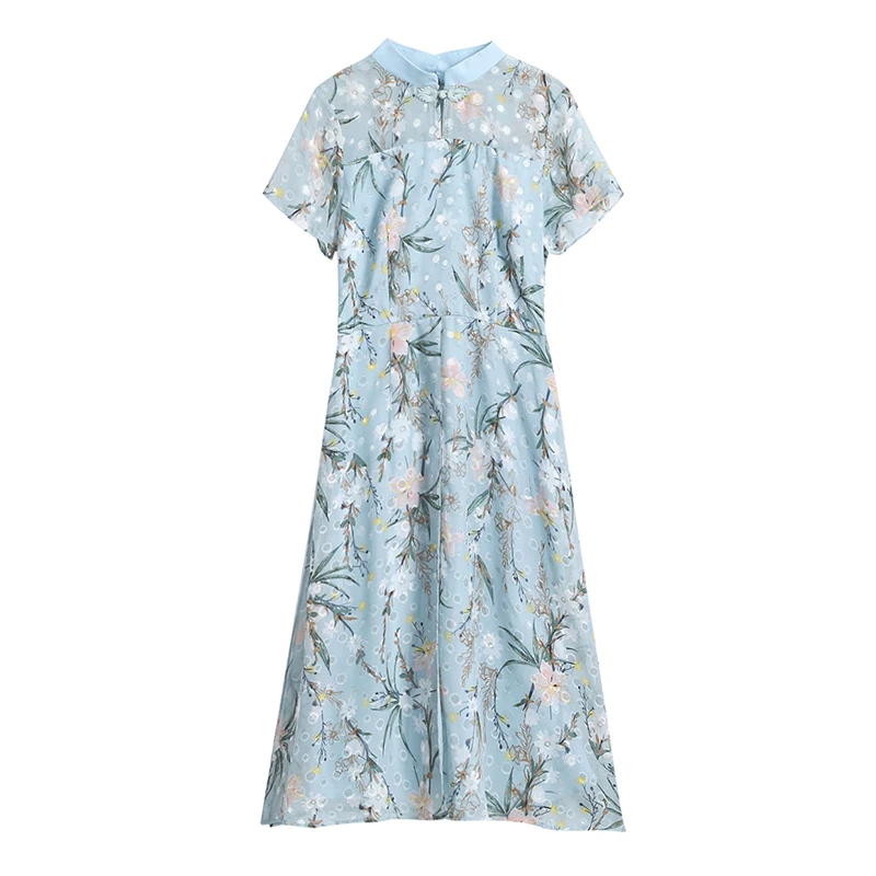 

Chiffon Blue Print Dress Female Summer New Women Casual O-Neck Short Sleeve Slim Dress Temperament Holiday Party Dress Vestidos