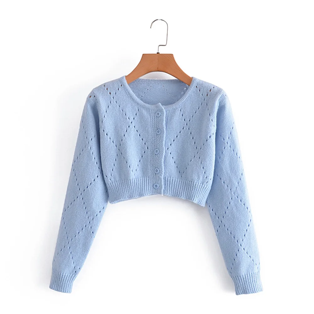 

DYLQFS 2021 New Summer Women Vintage Blue Sweater Girl Sweet Cute Knitted Cardigan Female Fashion Round Neck Slim Short Top