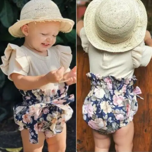 

Newborn Baby Girls Clothes Sets Ruffle Short Sleeve Solid Tops Romper Floral Shorts Outfit Set
