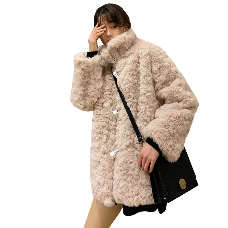 

Autumn Winter Lamb Wool Fur Coat Ladies Long Sleeve Horn Button Imitation Rex Rabbit Furry Jacket Women Fashion Outwear G550