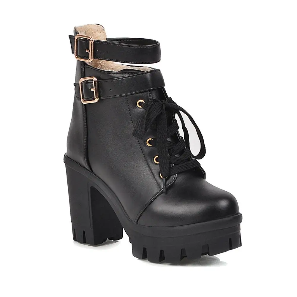 

2019 Autumn Boots Women Round Toe Buckle Shoes Women High Heel Fashion Plus Size Square Heels Lacing black 35-43