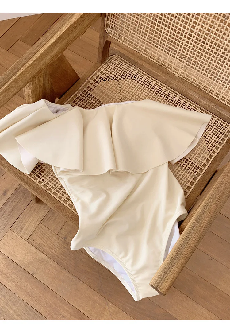 

Pure Color Bikini Sexy Big Ruffled Covering Belly Thin Conservative One Piece One Shoulder Swimsuit for Women