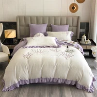 2021 Luxury Flannel Velvet Lavender Bedding Set Fleece Embroidery Duvet Cover Flat Sheet Pillowcases Queen King Size 4Pcs