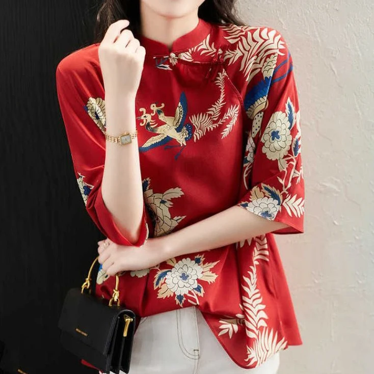 Chinese wind cheongsam collar chiffon shirt women 2020 summer new printed shirt Chinese retro button niche top