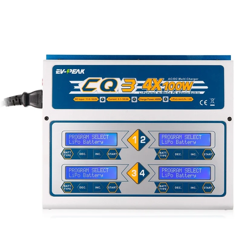 

EV-PEAK CQ3 100W 10A 1-6S AC100-240V DC11.0V-18.0V Balance Charger with JST_XH Adapter Board for LiPo LiFe NiMH NiCd Battery