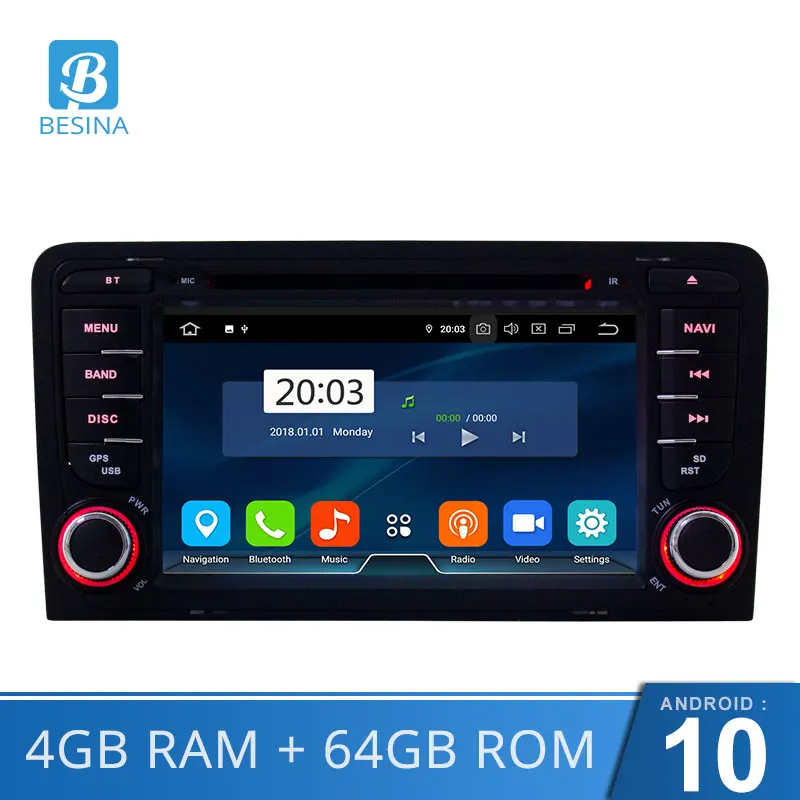 Besina 2 Din автомобильное радио Android 10 0 автомобильный dvd-плеер для AUDI A3 S3 2002-2011 GPS Navi