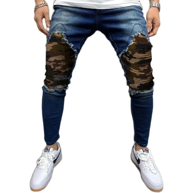 

Spring and Autumn Fashion Casual Eurocode New Men's Patchwork Pleated Camouflage Slim Denim Jeans for Men