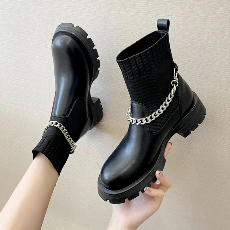 

2021 Autumn New Sexy Chain Women's Shoes Fashion Sock Boots Women Thick Heel Casual Net Red Knitted Short Boots Botas De Mujer