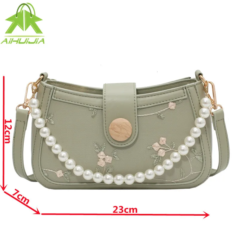 

Fashion Pearl Chain Woman Handbag Luxury Underarm Bag 2021 New Pu Leather Embroidered Stitching Ladies Shoulder Messenger Bags