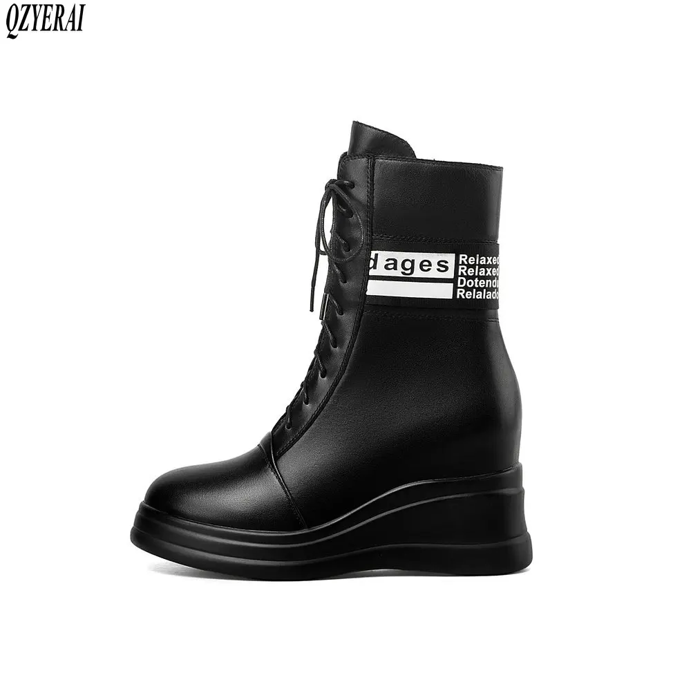 

2020 New winter Japan South Korea Genuine leather ankle Women boots 8cm wedges Fashion boots black Women shoes Waterproof Taiwan