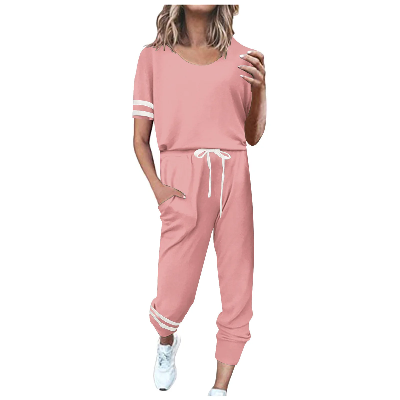 

2021 Summer new women's casual fashion sports hit color short-sleeved trousers two-piece set Female t-shirt and long pants suit