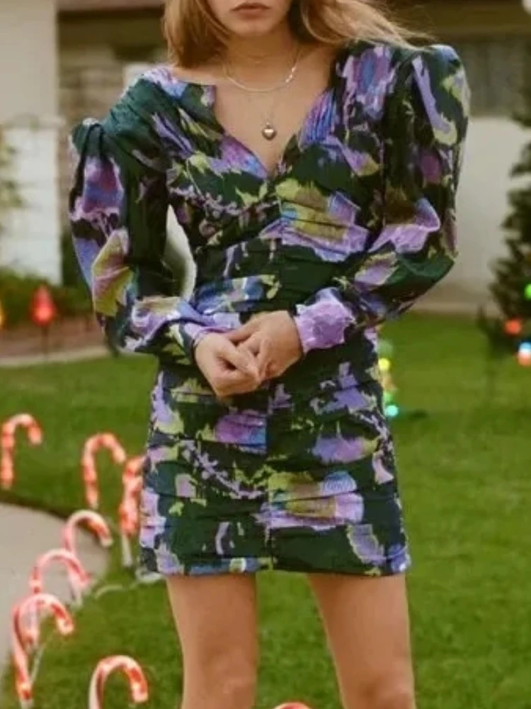 

XEASY Vintage Women Print Puff Sleeve Pleated Mini Dresses 2022 Spring Elegant Fashion Female V Neck High Waist Sexy Dress Chic