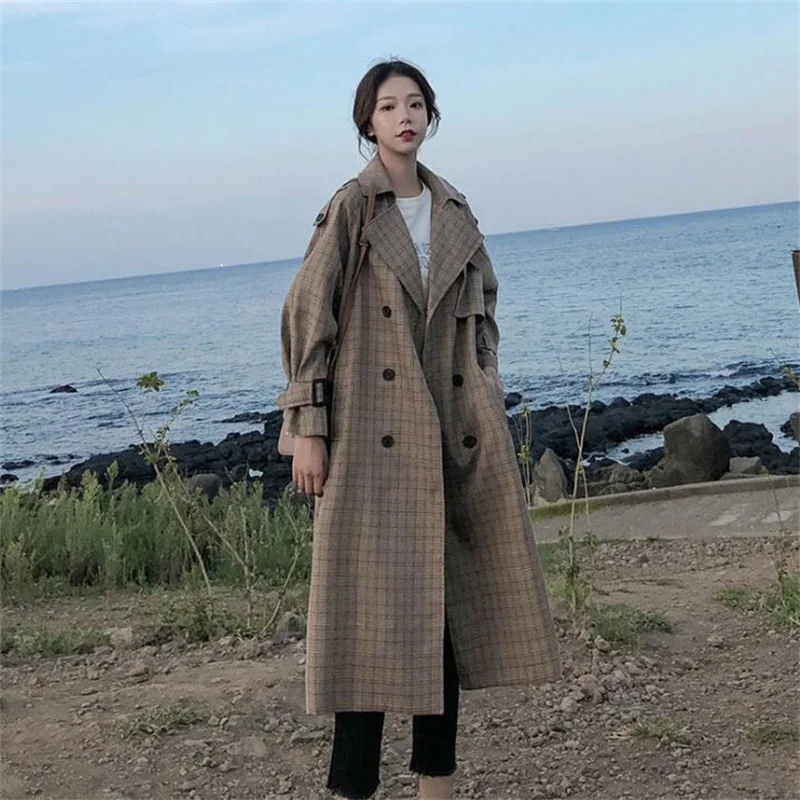 Mid-length trench coats women's korean plaid windbreaker spring new student loose-knee autumn clothes gabardina mujer fashion