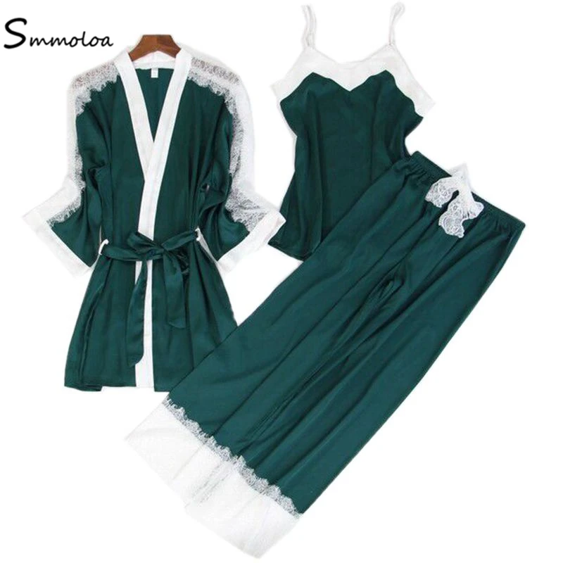 Smmoloa Women Sexy Silk Pajamas Satin Lace Tank+Robe+Pant Pijamas 3 Piece Sets Pyjama | Женская одежда