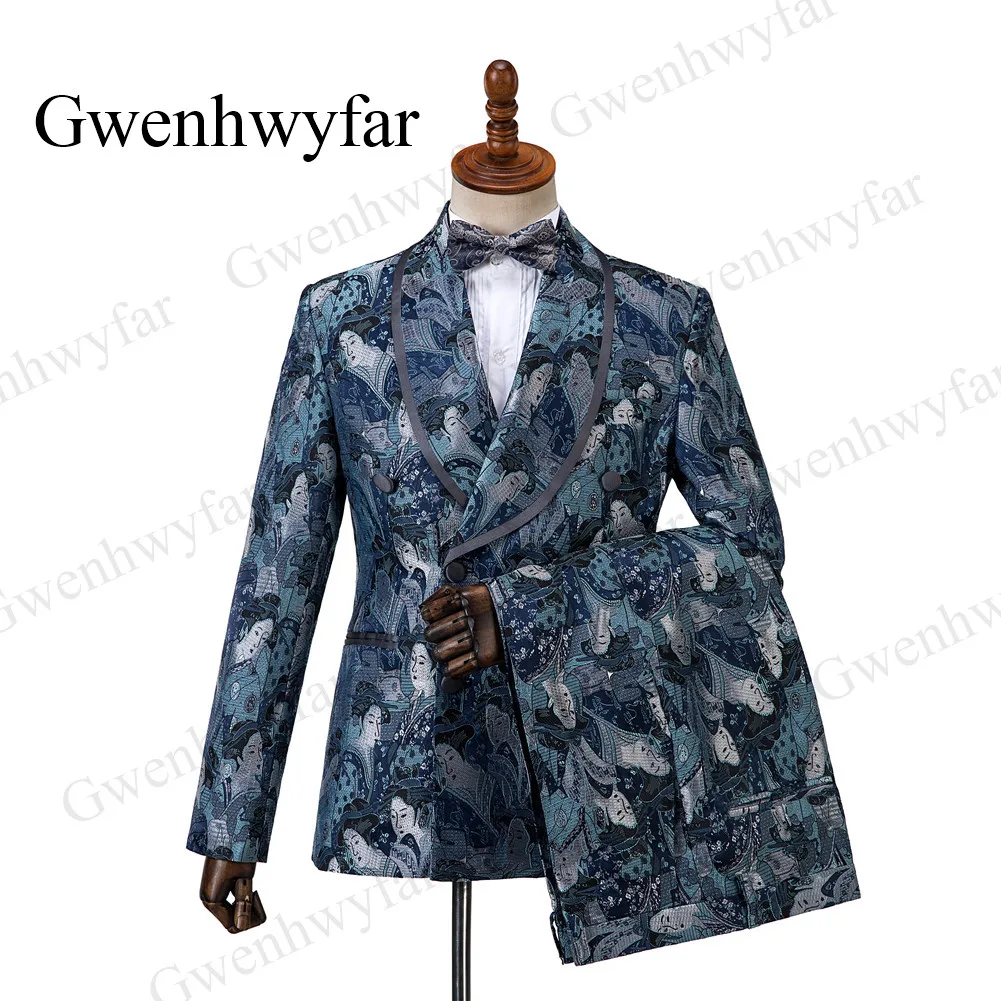Мужские костюмы Gwenhwyfar темно-синего цвета осень 2019 банкетная серия узоры с