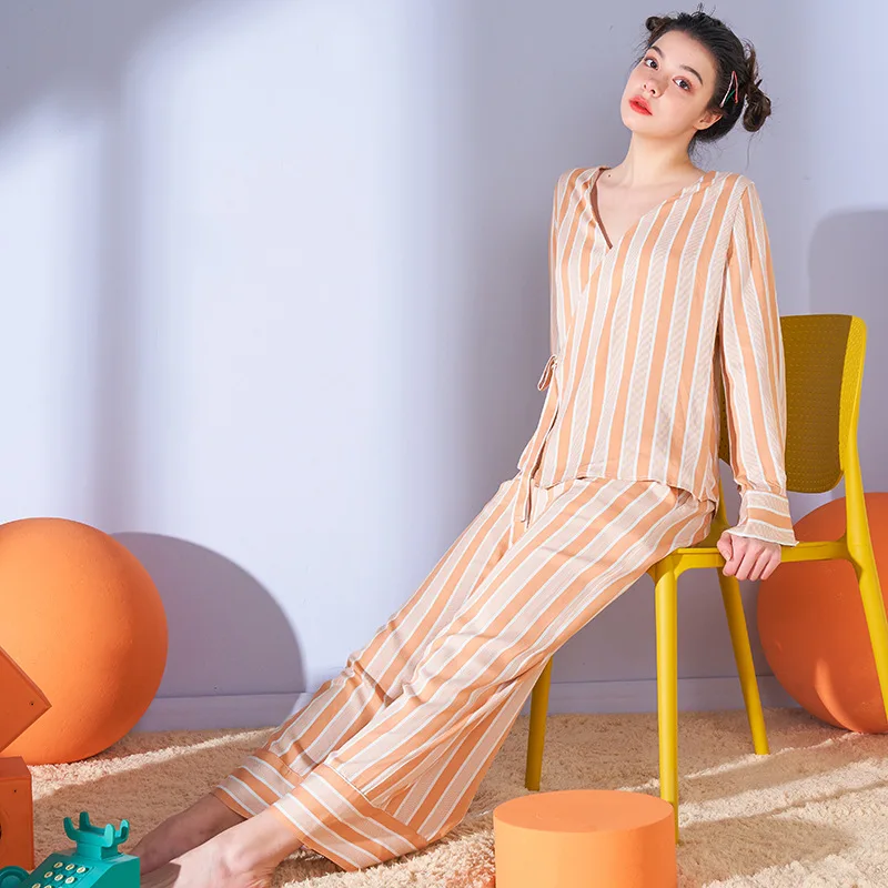 

Spring and Autumn Striped Lace Pajamas Women's V-neck Long Sleeve Thin Wide Leg Pants Loose and Comfortable Suit Home Clothes