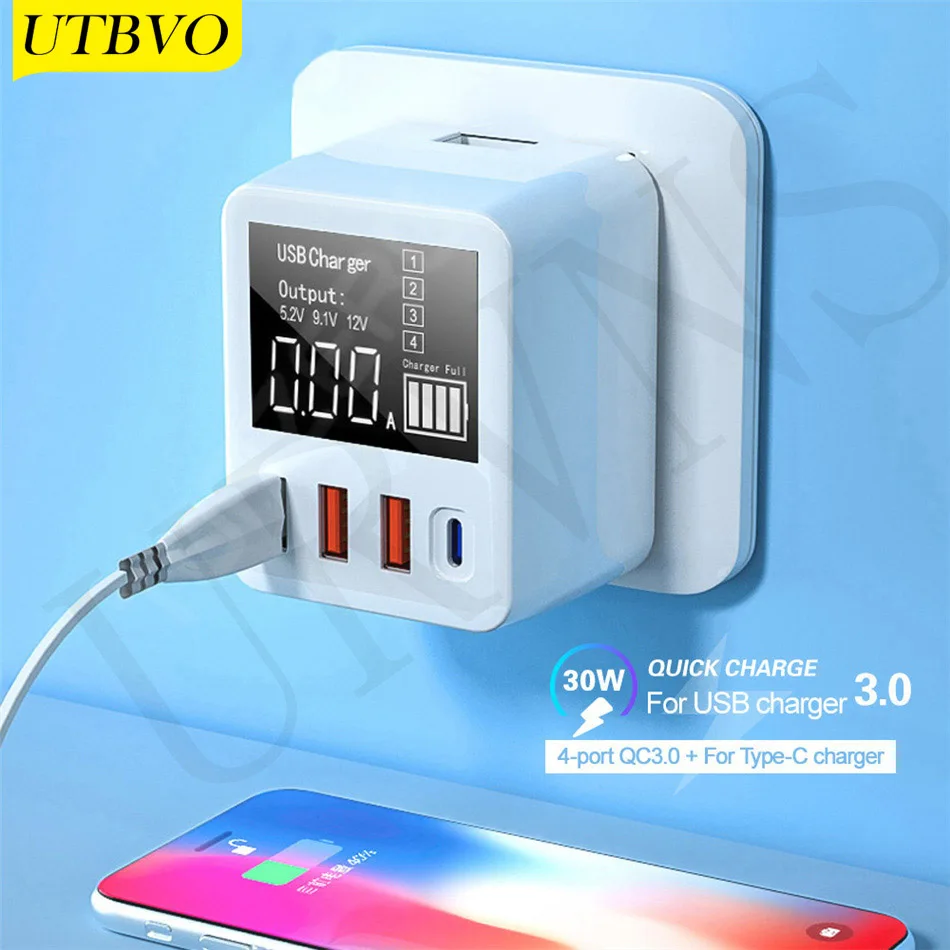 

UTBVO 40W 4-Port USB Wall Charger with Display, Multipoint Power Adapter Type-C Charger for iPhone 11 Pro XS Max XR X, iPad Pro