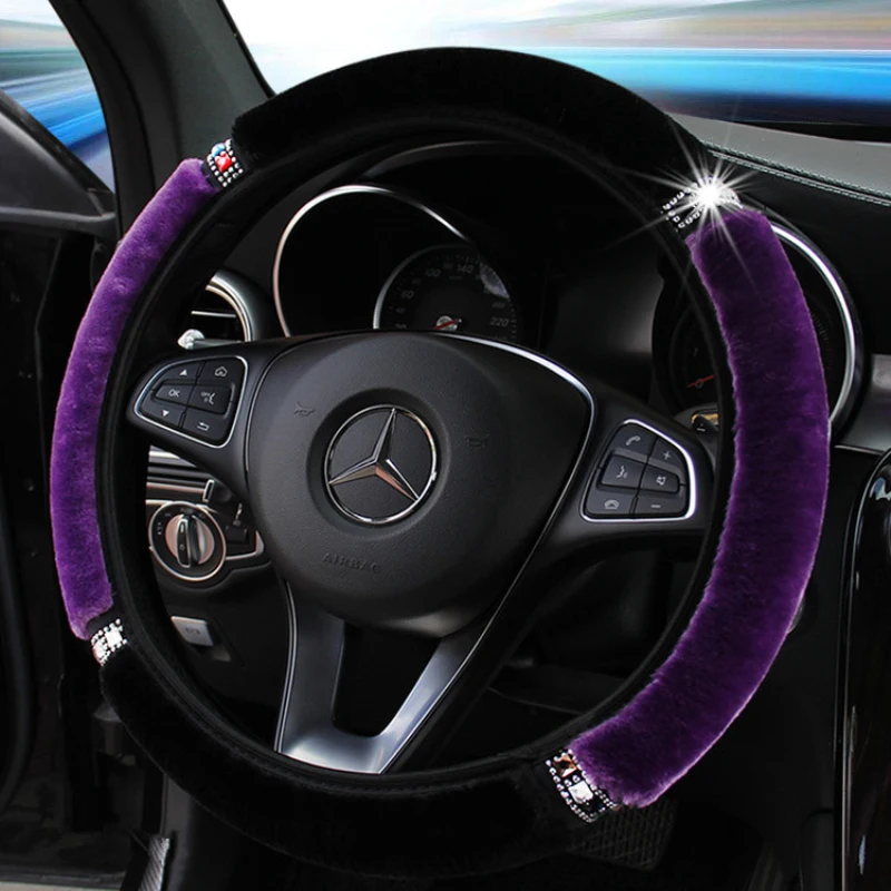 

For Universal Car Soft Plush Rhinestone Car Steering Wheel Cover Keep Warm Steering Wheel Cover Interior Accessories 1pcs