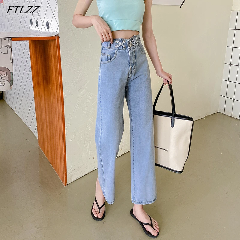 

FTLZZ High Waist New Women Streetwear Washed Straight Blue Long Denim Pants New Summer Female Vintage Jeans Ladies Trousers