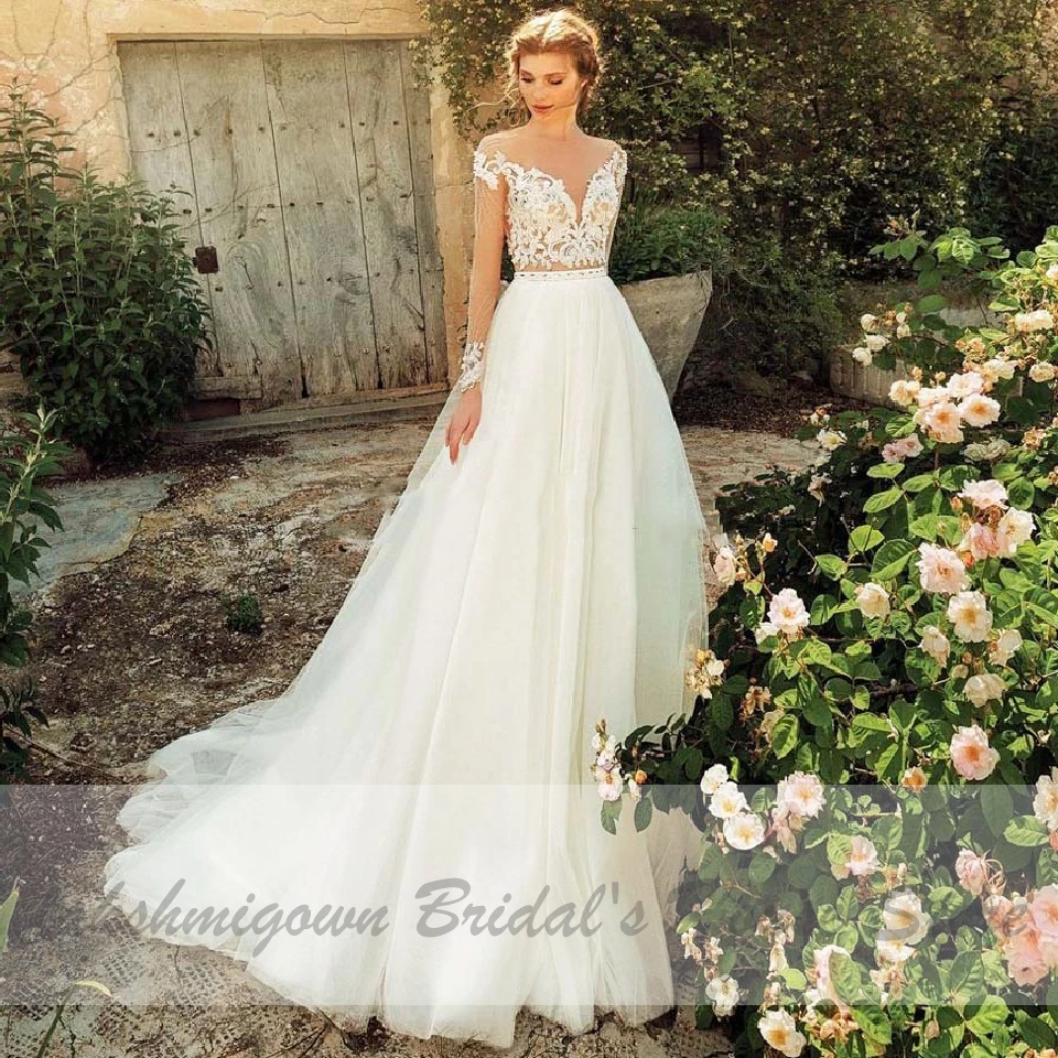 

Ivory Tulle Boho Wedding Dress Long Sleeve 2020 Sexy Lace Bodice Chic Bridal Gowns Beach Wedding Dresses Bruidsjurken