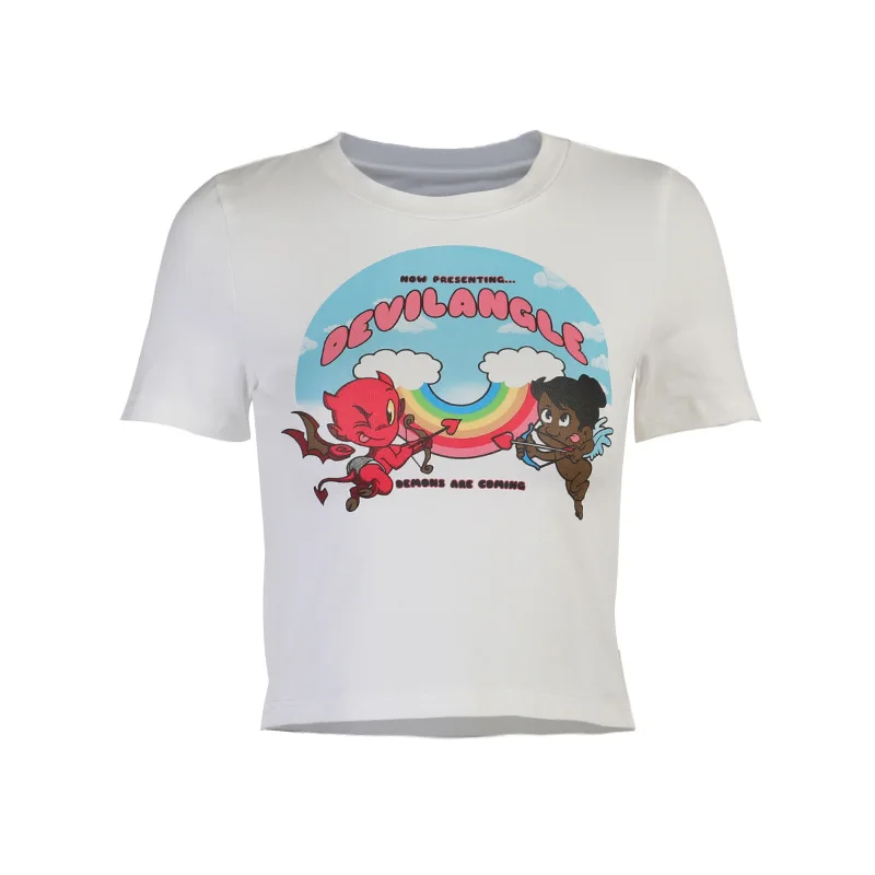 

2021 new angel devil print slimming short sleeve T shirt fashion personality crop white blouse women