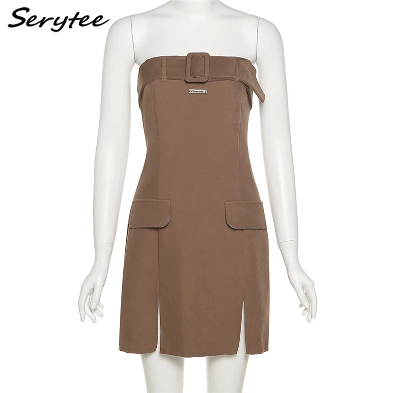 

Serytee Fashion Strapless Belt Bandage Wrap Dress For Women 2021 Summer Split Bodycon Tube Dress Vintage Party Vestidos