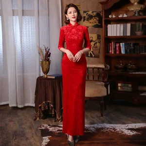 Red 3/4 Sleeve Long Cheongsam Velvet Slim Mother Dress Elegant Traditional Evening Dresses Qipao