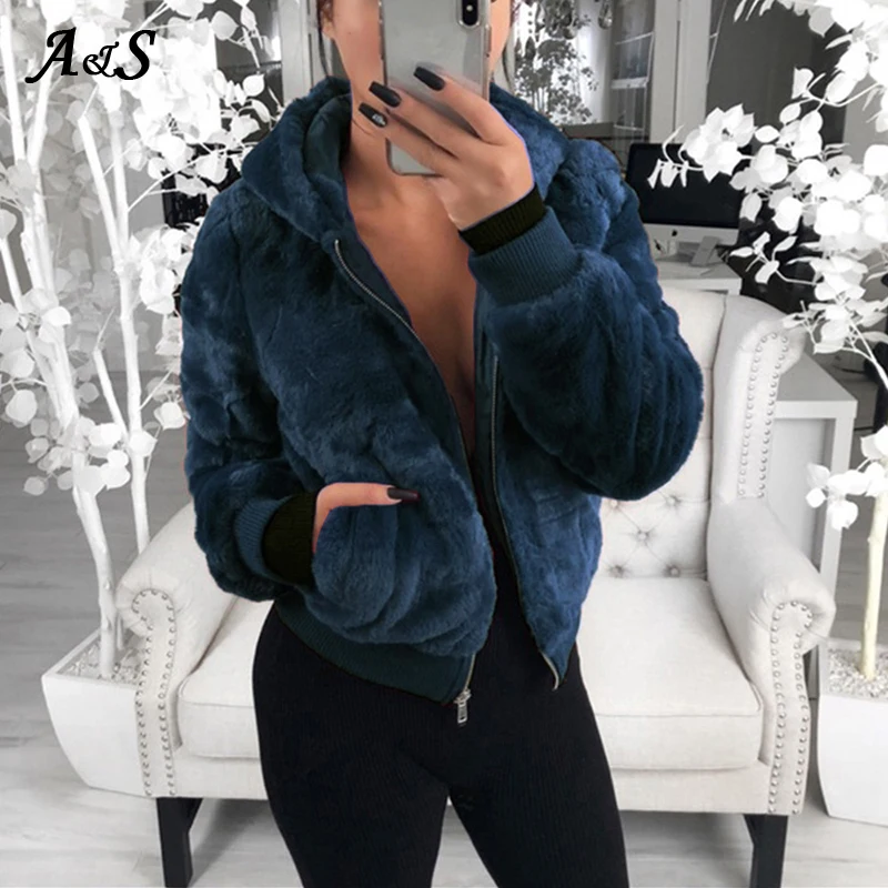 Anbenser Faux Fur Hooded Coat Women Winter Warm Soft Zipper Fur Jacket Female Plush Chaqueta Mujer Pocket Casual Teddy Outerwear