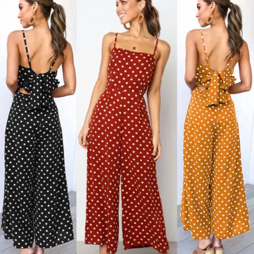 

Women Elegant Sexy Jumpsuits Sleeveless Polka Dots Loose Trousers Wide Leg Pants Rompers Holiday Backless Bow Leotard Overalls