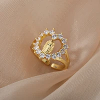 hollow zircon heart virgin mary rings for women stainless steel portrait adjustable finger ring wedding engagement jewelry