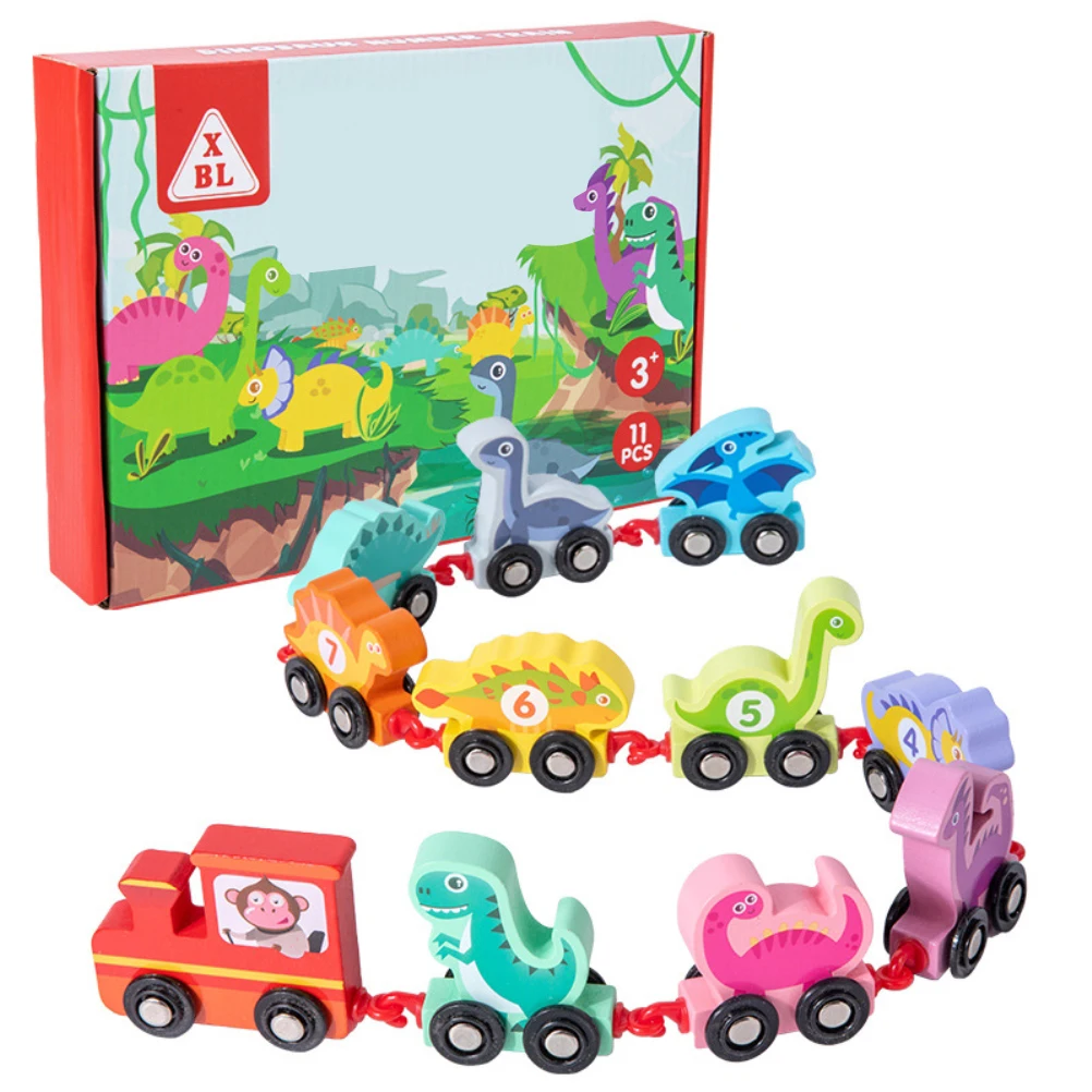 

Деревянный игрушечный поезд с цифрами динозавров для детей, игрушечный автомобиль без следов, набор игрушек для раннего развития, рождеств...