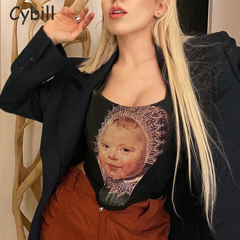 

Cybill Streetwear Patchwork Cropped Top Y2K Black Tank Top For Woman Short Top Festival Decoration